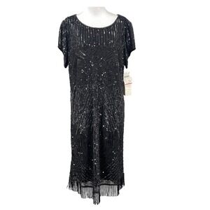 Vtg Pisarro Nights Black‎ Beaded Sequin Fringe Flapper Dress 18W Gatsby Art Deco